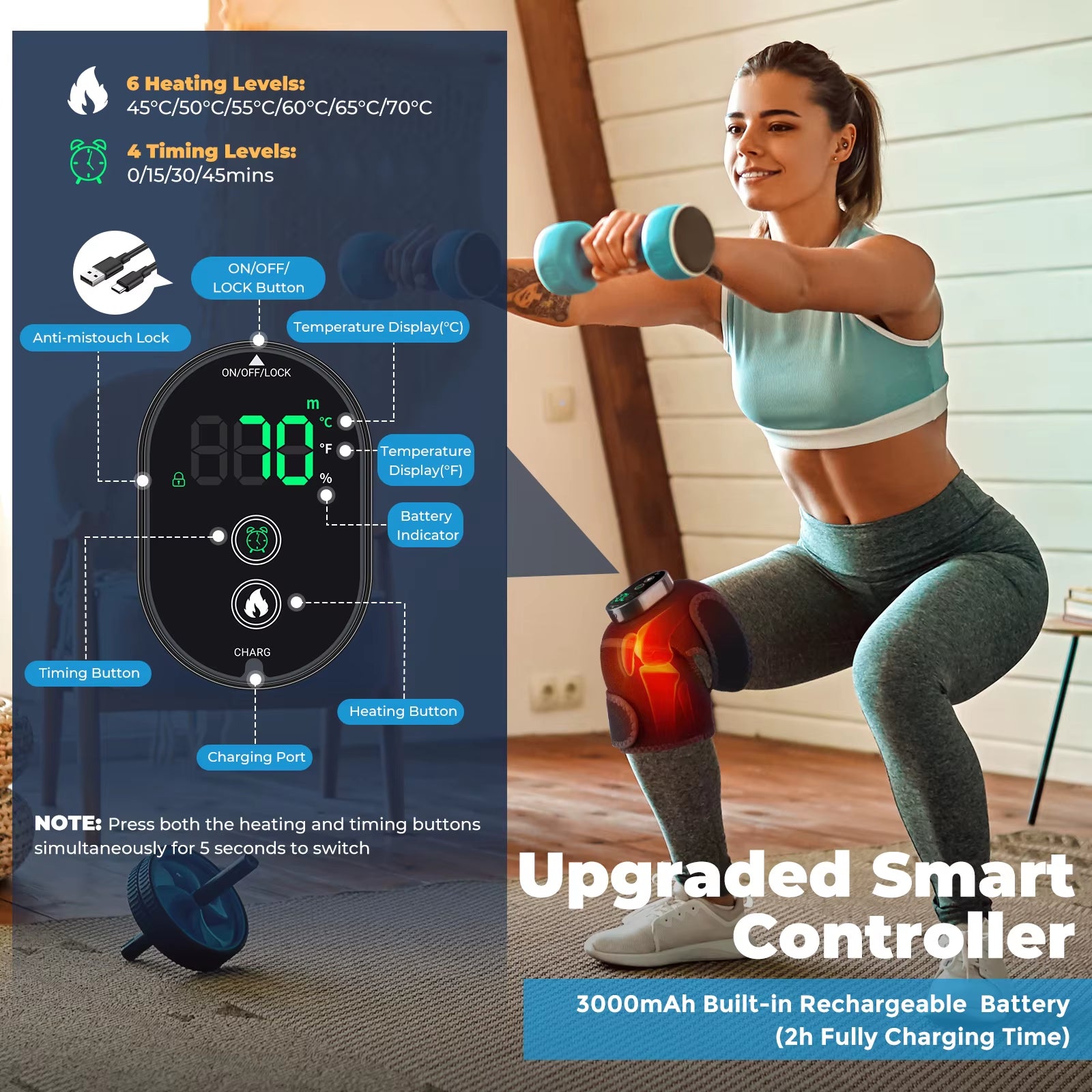 Electric Knee Heating Pad Cordless Adjustable 6 Levels Heated Knee Brace Belt for Knee Shoulder Joint Old Cold Leg Knee Warmer